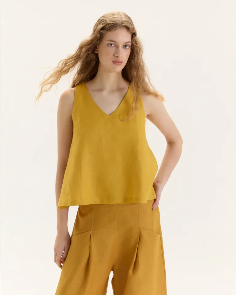 Suéter de lino de corte evasé con escote en V y breteles anchos de Blue Sheep en Tops para argentina