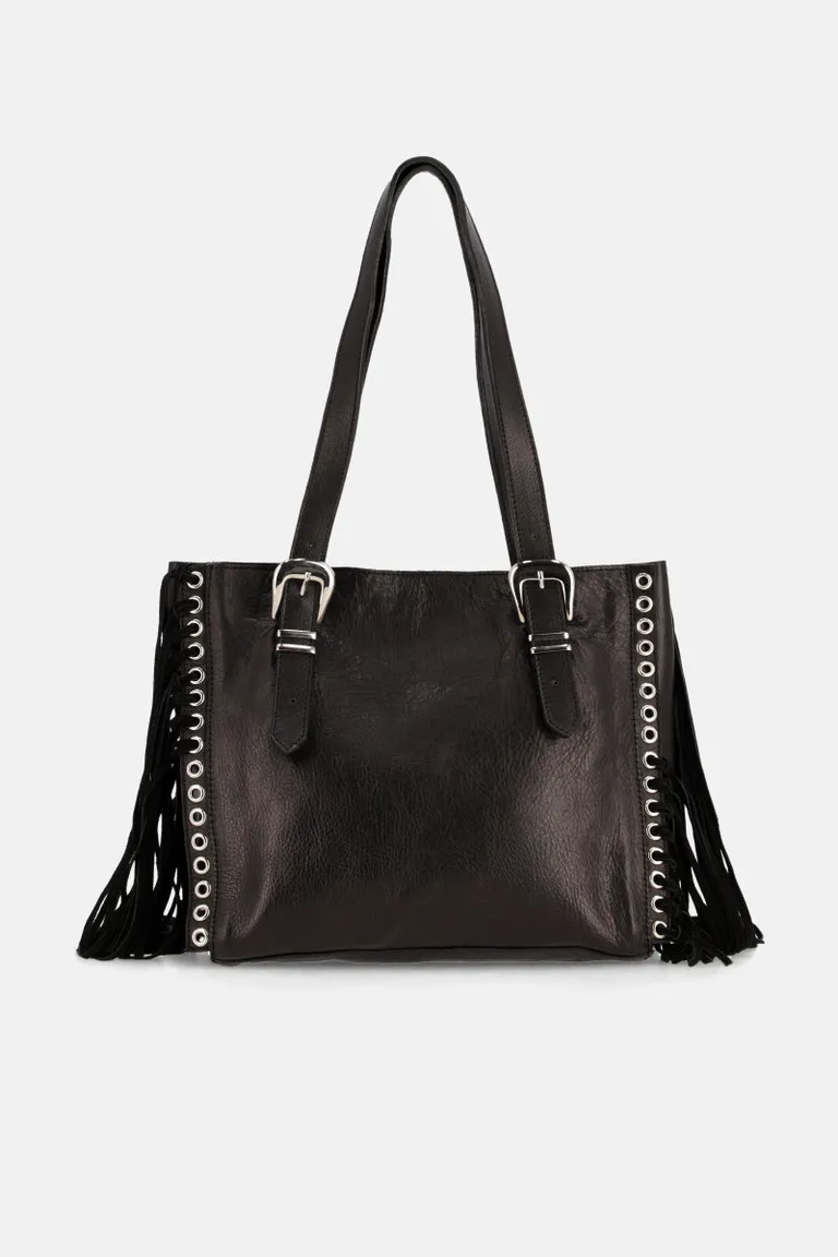 Cartera de mano estructurada con laterales de flecos y ojalillos metálicos con correas reforzadas de Justaosadia en Bolsos y Carteras para argentina