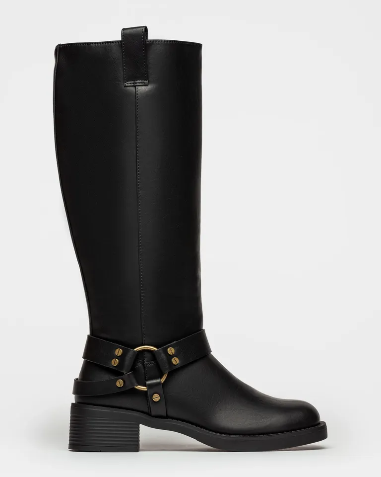 Botas altas negras con detalles metálicos en bronce - Estilo biker sofisticado para tu día a día de Prüne en Botas y Botinetas para argentina
