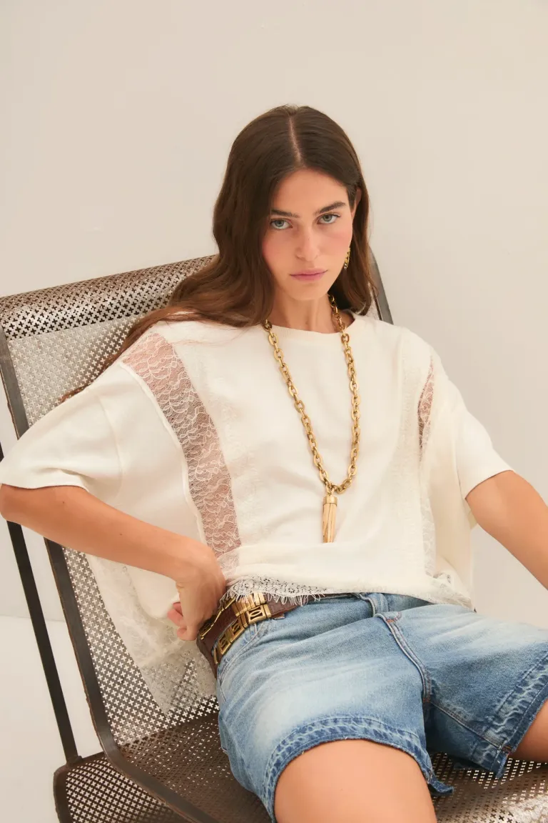 Remera oversize de algodón con detalles de encaje en blanco de Rapsodia en Remeras para argentina
