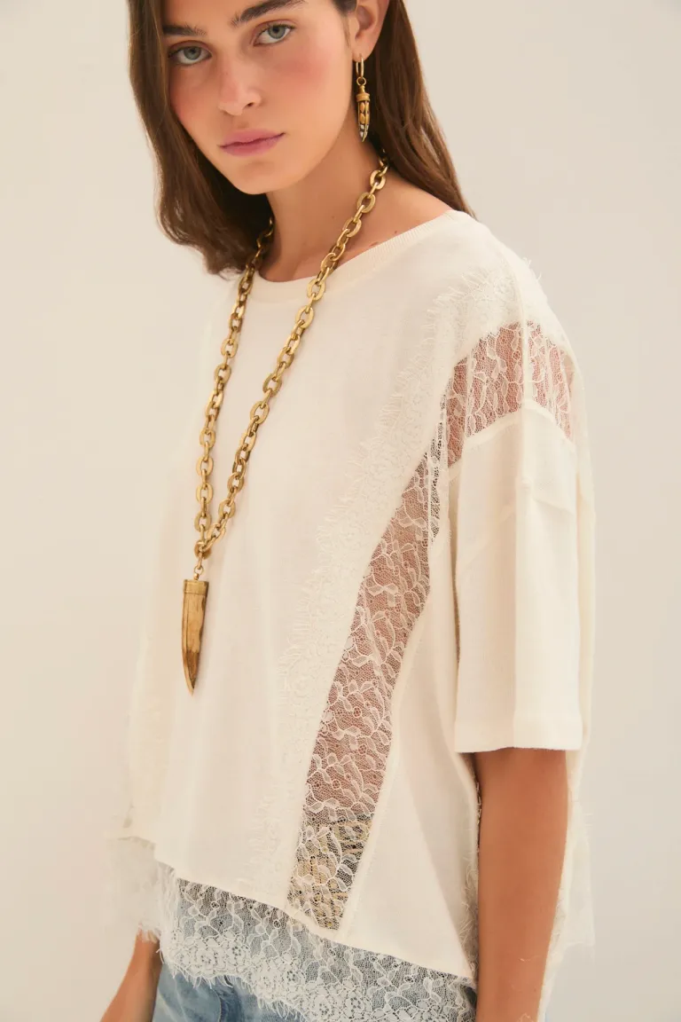 Remera oversize de algodón con detalles de encaje en blanco de Rapsodia en Remeras para argentina