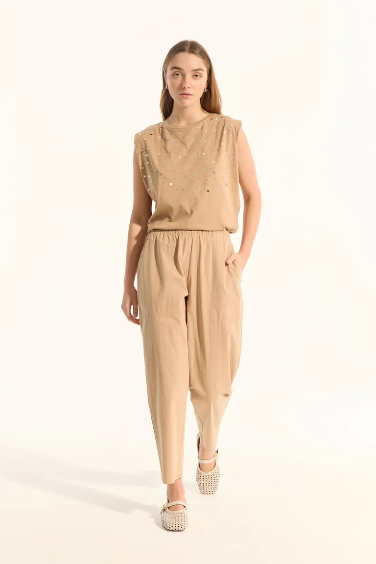 Pantalón de papel con cintura elástica y bolsillos decorativos para mujer de Portsaid en Pantalones para argentina