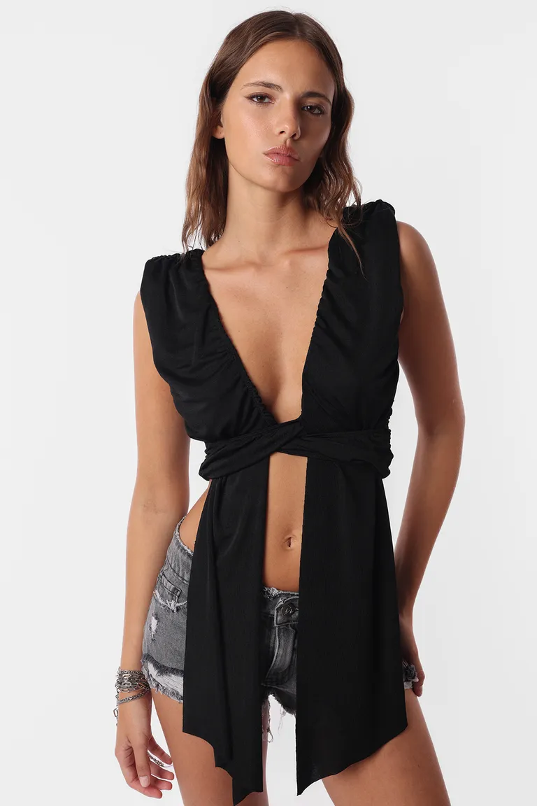 Top negro con diseño cruzado y tiras colgantes para mujer de Top White en Tops para argentina