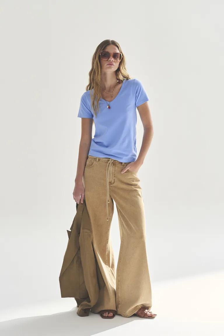 Remera de cuello en V en color azul, una prenda femenina y versátil para el día a día de Akiabara en Remeras para argentina