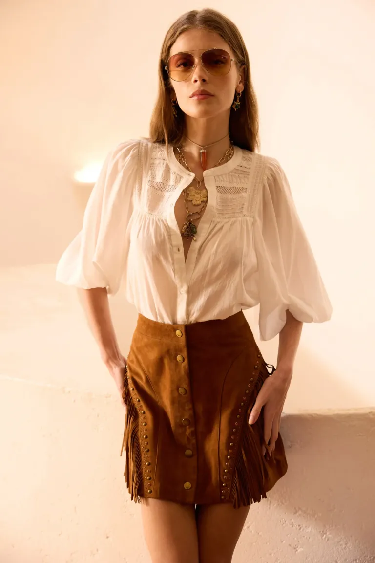 Camisa de algodón con detalles de puntillas y frunces en los hombros de Rapsodia en Camisas para argentina