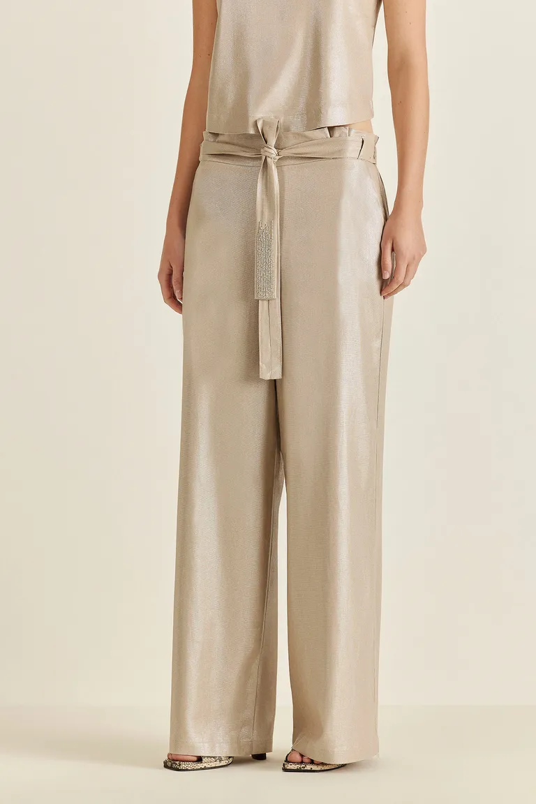 Pantalón de lino con lazo en la cintura y acabado foil de Tucci en Pantalones para argentina
