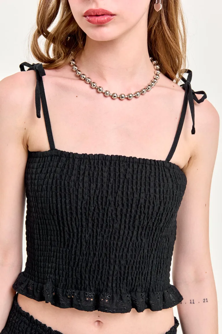 Top negro con volados y diseño de panel de abeja para mujer de 47 Street en Tops para argentina