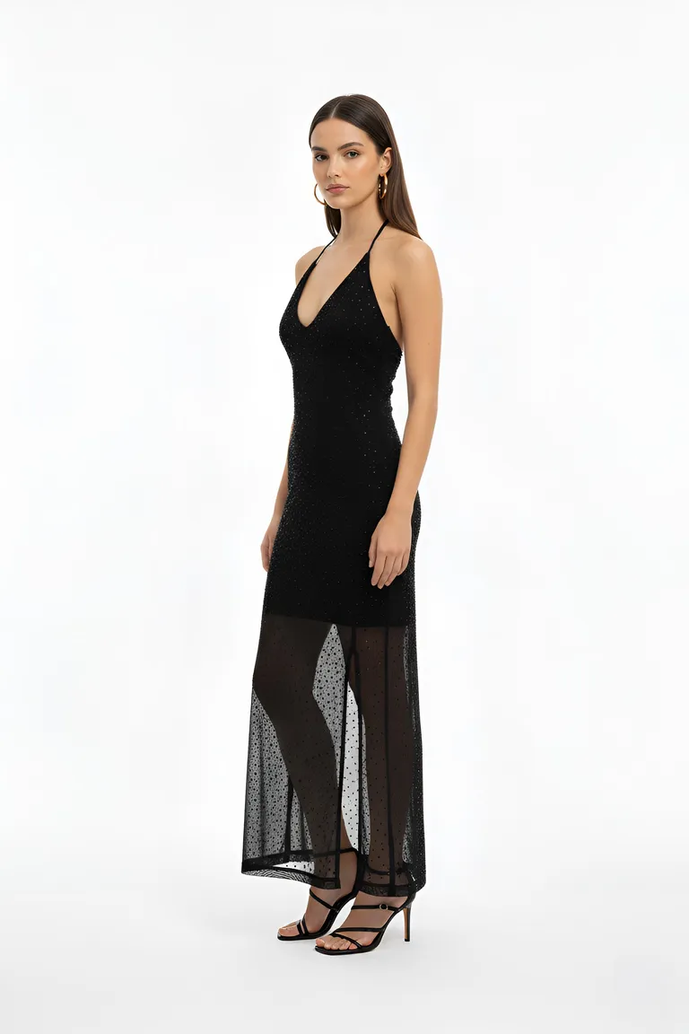 Vestido negro de microtul bordado con brillantes, escote profundo y espalda descubierta de Naíma en Vestidos para argentina