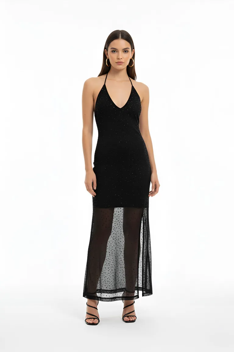 Vestido negro de microtul bordado con brillantes, escote profundo y espalda descubierta de Naíma en Vestidos para argentina