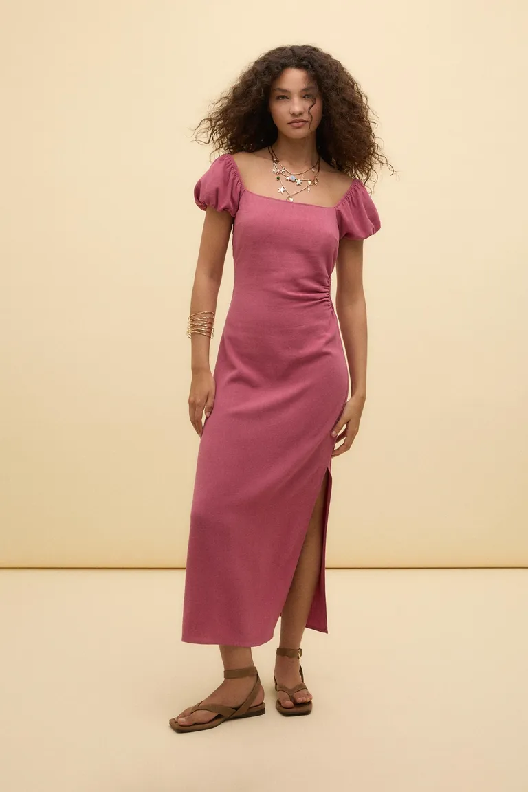 Vestido midi manga abullonada lino de Stradivarius en Vestidos para argentina
