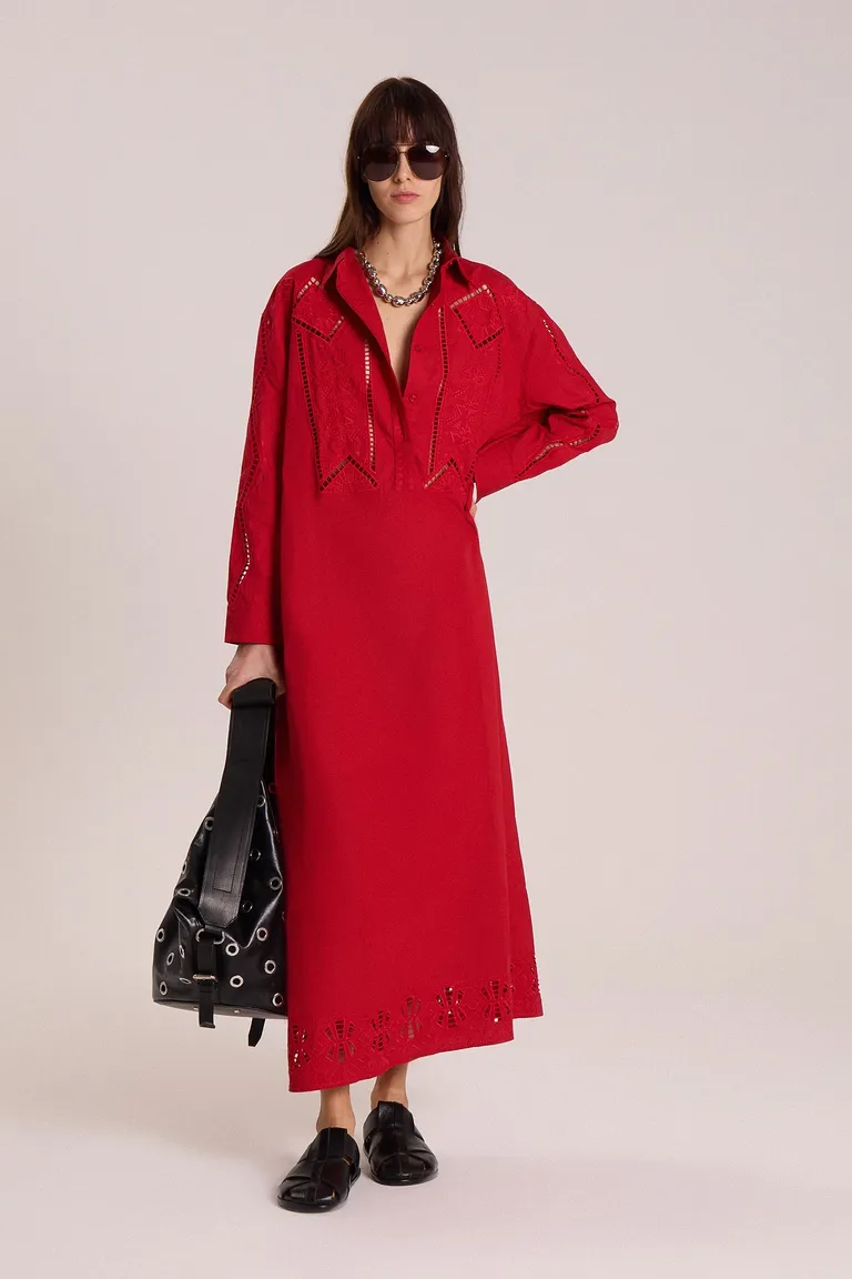 Vestido largo camisero con detalles calados en tejido de algodón de Maria Cher en Túnicas para argentina