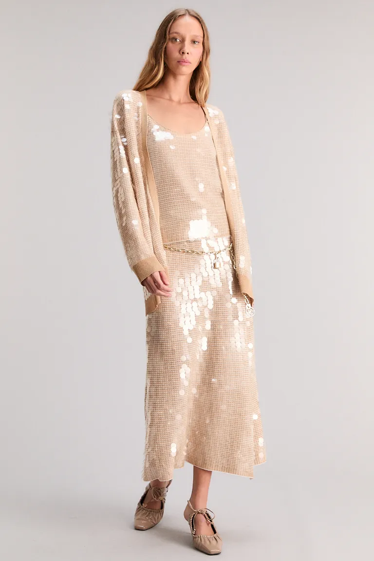 Falda midi de punto bicolor con bordado de lentejuelas transparentes de Kosiuko en Faldas para argentina