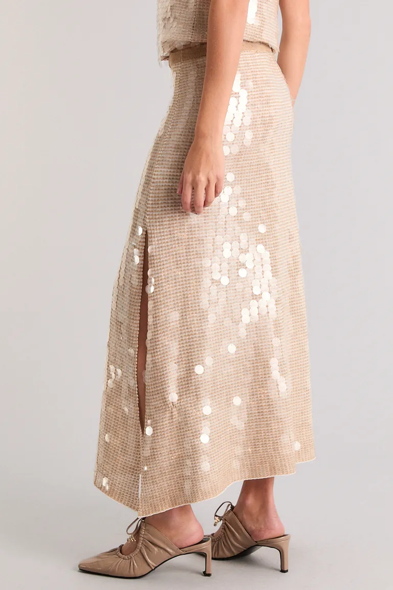 Falda midi de punto bicolor con bordado de lentejuelas transparentes de Kosiuko en Faldas para argentina