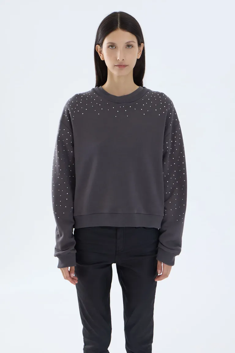 Buzo de calce regular con cuello redondo y apliques de strass en mangas y delantero de Portsaid en Buzos y Sweaters para argentina