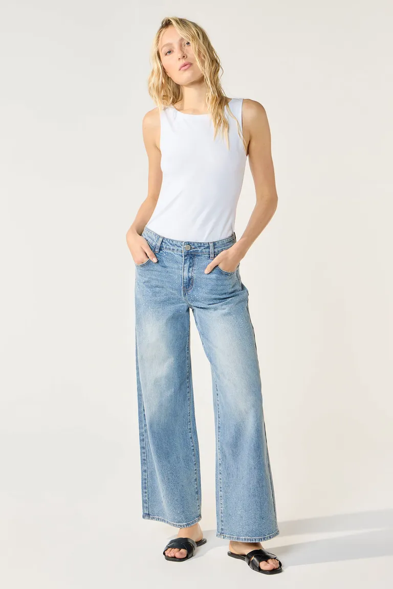 Pantalón de pierna ancha de tiro medio con acabado lavado y detalles de aplicaciones de Cuesta Blanca en Pantalones para argentina