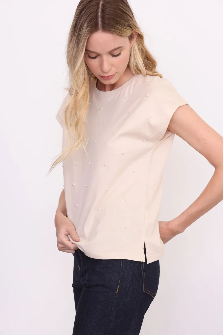 Remera de Algodón con Detalles de Perlas en la Parte Delantera de Yagmour en Remeras para argentina