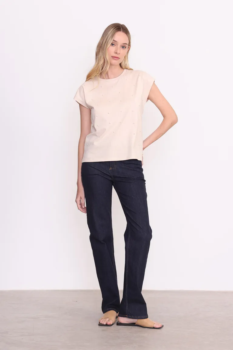 Remera de Algodón con Detalles de Perlas en la Parte Delantera de Yagmour en Remeras para argentina