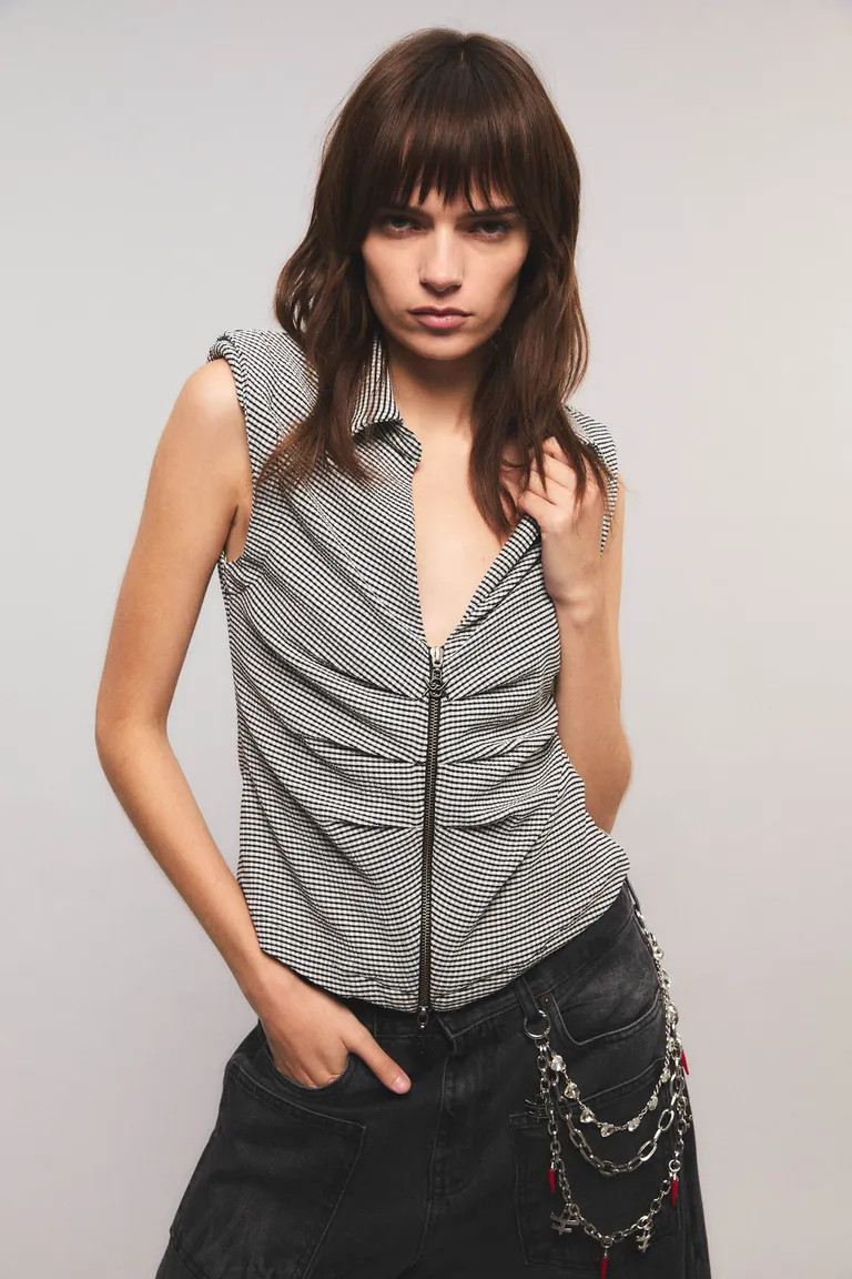 Camisa sin mangas con detalles drapeados y diseño a cuadros para mujer de Kosiuko en Camisas para argentina