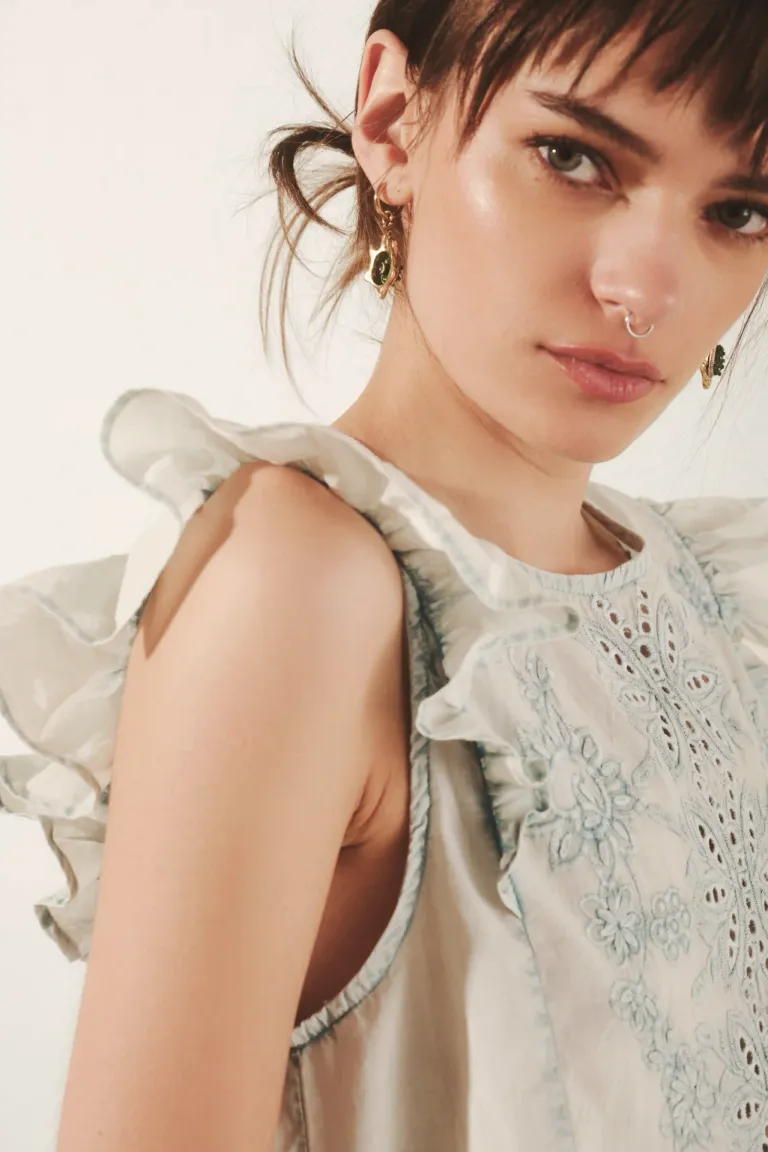 Camisa de algodón con bordado a tono y detalles de volados en mangas y ruedo de Rapsodia en Camisas para argentina