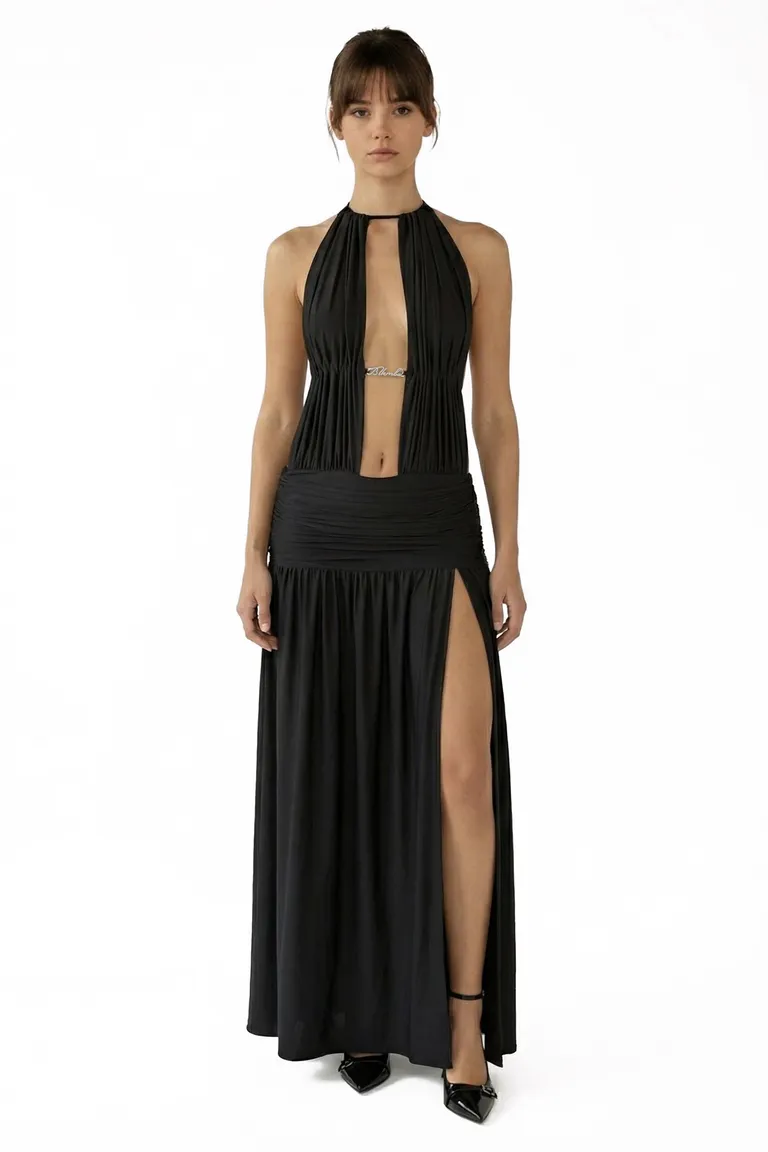 Vestido negro de microfibra con frunces y abertura lateral para una silueta estilizada de Black Mamba en Vestidos para argentina