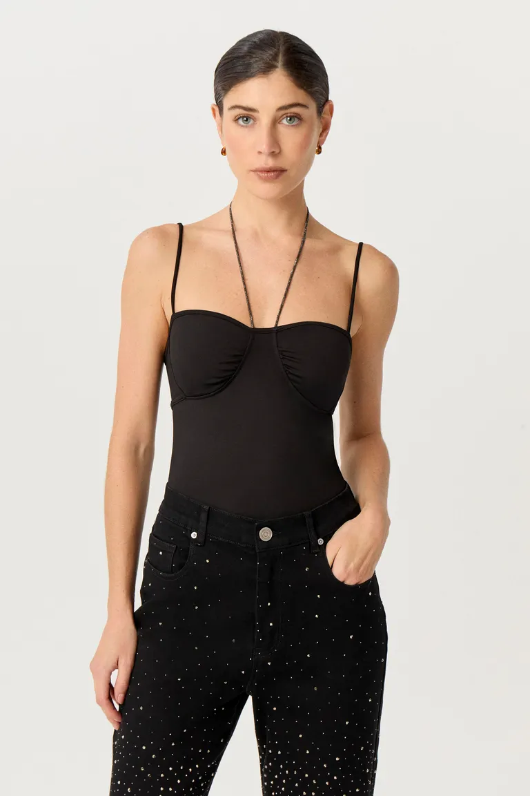 Top de microfibra opaca con corte estilo corset y detalles de strass de Markova en Tops para argentina