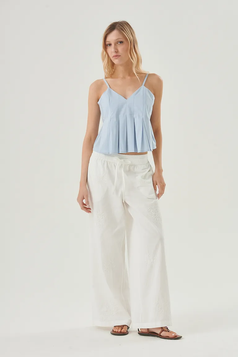 Pantalón blanco de algodón con detalles bordados, cintura elástica y lazo regulable de Sweet en Pantalones para argentina
