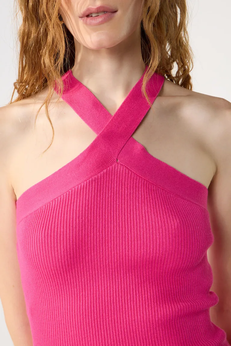 Top sin mangas con cuello cruzado en tejido elástico para mujer de Cuesta Blanca en Tops para argentina