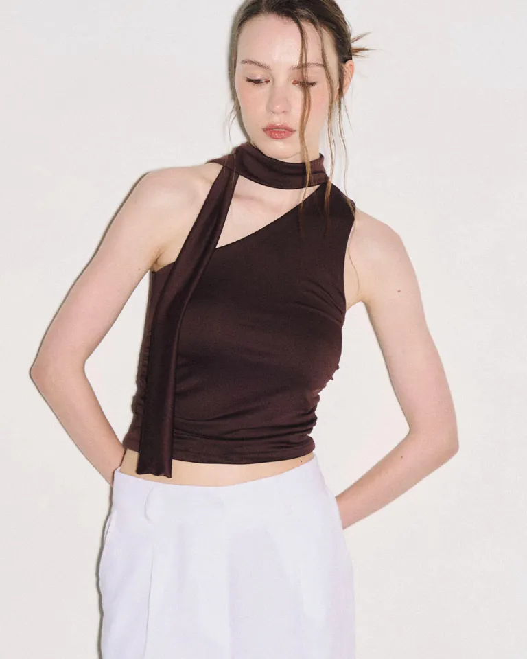 Top drapeado asimétrico de un hombro con lazo y fruncido lateral de Sky en Tops para argentina