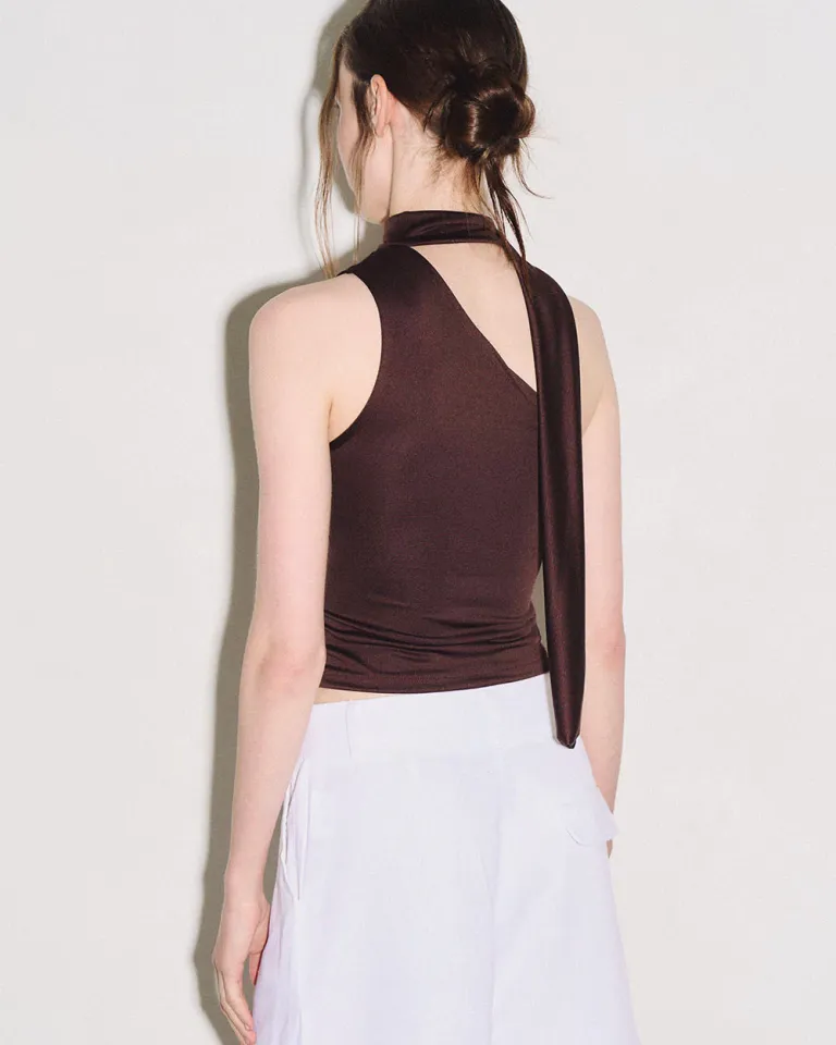 Top drapeado asimétrico de un hombro con lazo y fruncido lateral de Sky en Tops para argentina