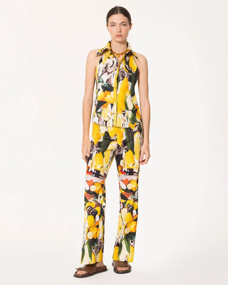 Pantalón recto de jacquard con estampa de limones diseño exclusivo de Jazmin Chebar en Pantalones para argentina