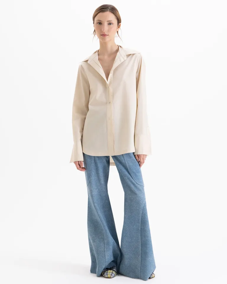 Camisa de mujer con mangas largas, botones en puños y frente, corte a la cadera de Jazmin Chebar en Camisas para argentina