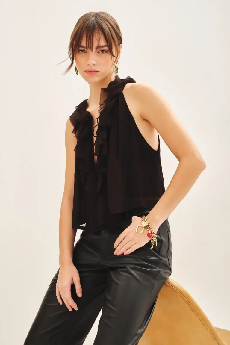 Top sin mangas con escote en V y detalles de volantes en el frente de Rapsodia en Tops para argentina