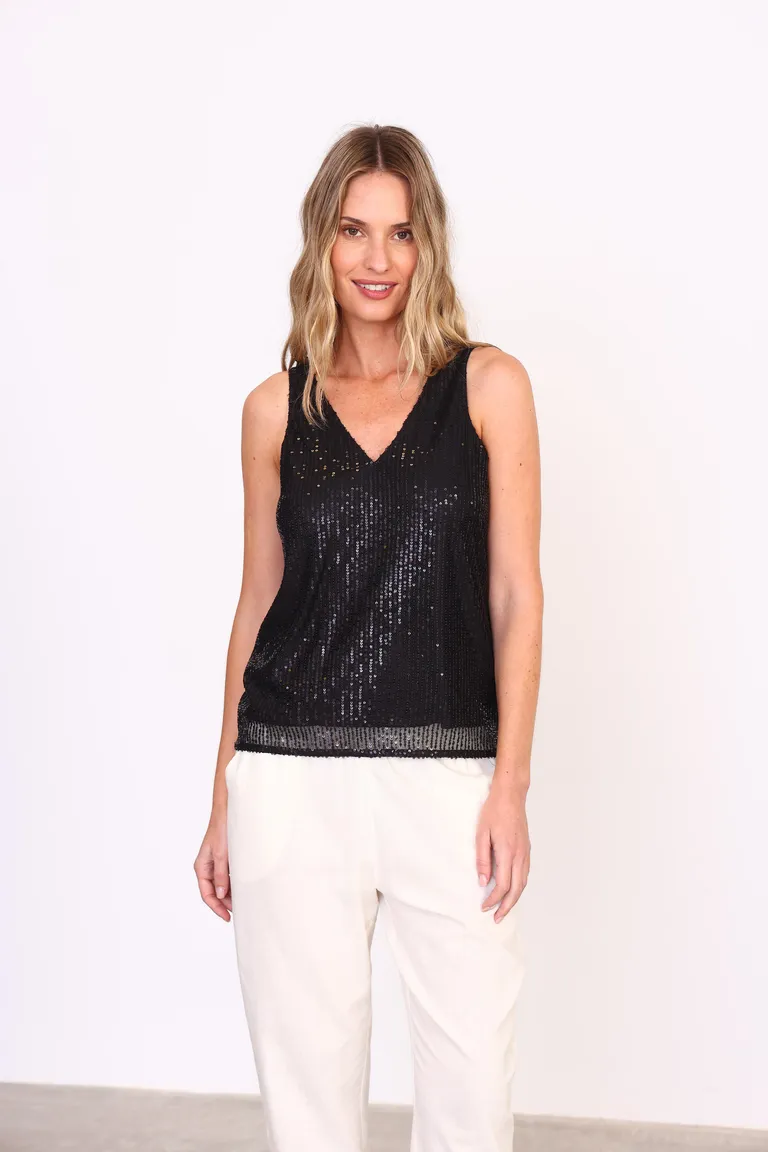 Blusa negra de lentejuelas de corte recto y sin mangas, ideal para noches de fiesta de Yagmour en Blusas para argentina