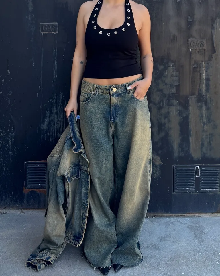 Pantalón wide leg de mezclilla con detalles metálicos y lavado exclusivo de Top White en Pantalones para argentina