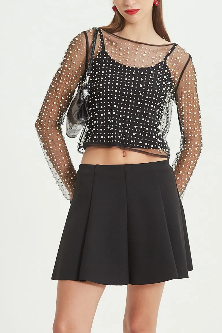 Remera de manga larga en microtul con perlas y strass bordados de Las Pepas en Remeras para argentina