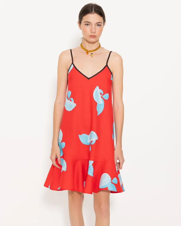 Vestido rojo estampado con limones y volados en el ruedo de Jazmin Chebar en Vestidos para argentina