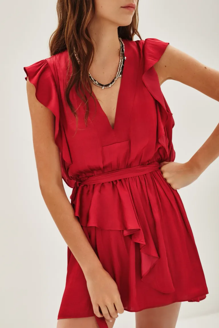 Vestido corto con escote profundo en V y volados en mangas y falda con ajuste en cintura de Rapsodia en Vestidos para argentina