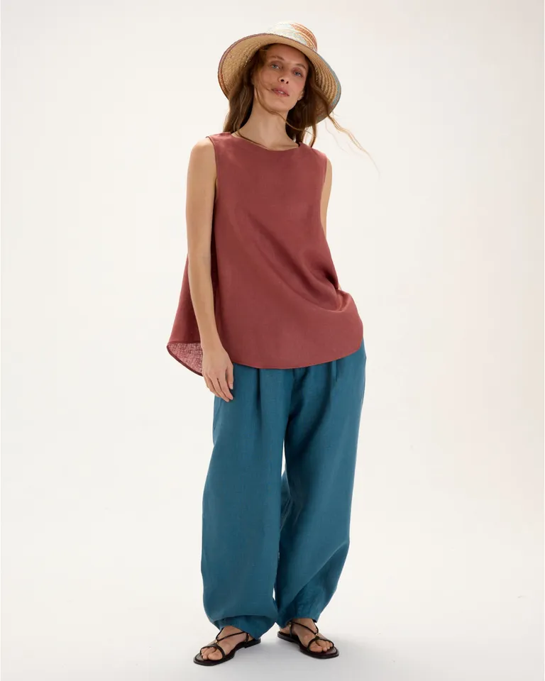 Top india: Prenda sin mangas en lino con corte evasé y escote redondo de Blue Sheep en Tops para argentina