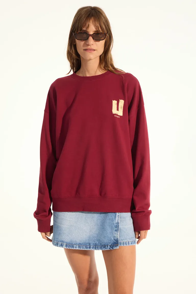 Buzo de cuello redondo con estampado y desgaste vanguardista para mujer de Portsaid en Buzos y Sweaters para argentina