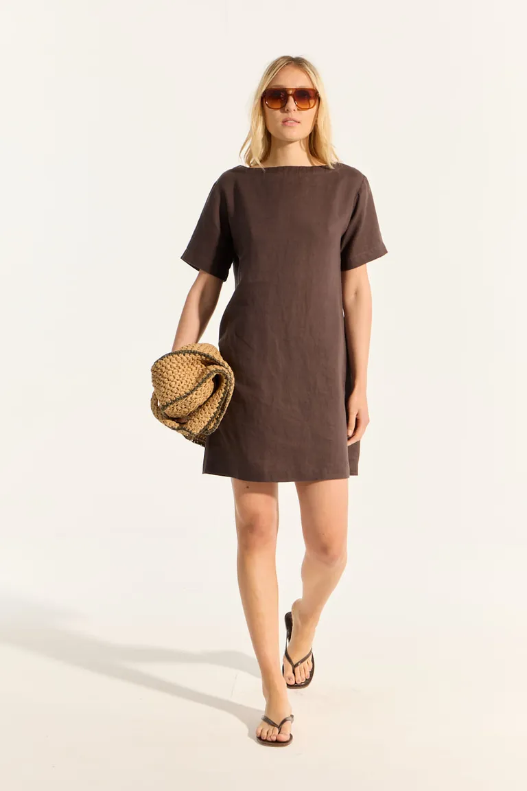 Vestido recto de lino con escote a la base y mangas cortas de Portsaid en Vestidos para argentina