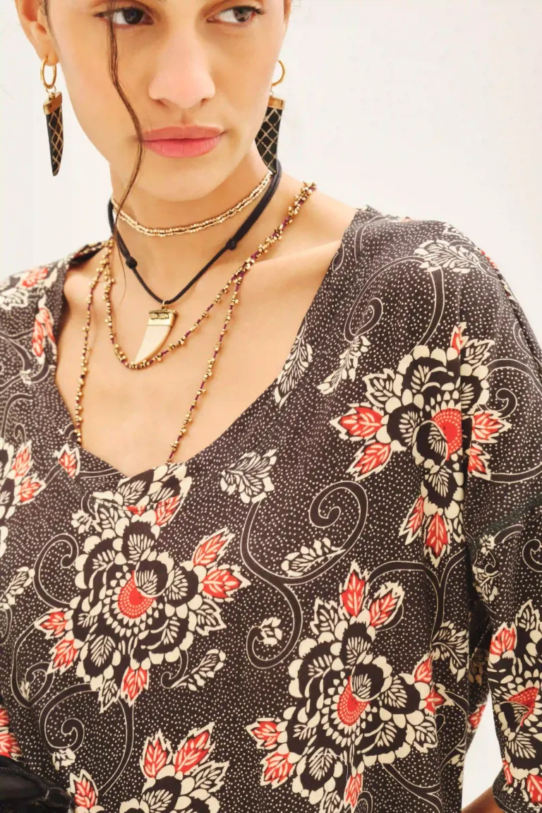 Vestido de línea A con manga 3/4 en estampado floral suave y liviano de Rapsodia en Vestidos para argentina