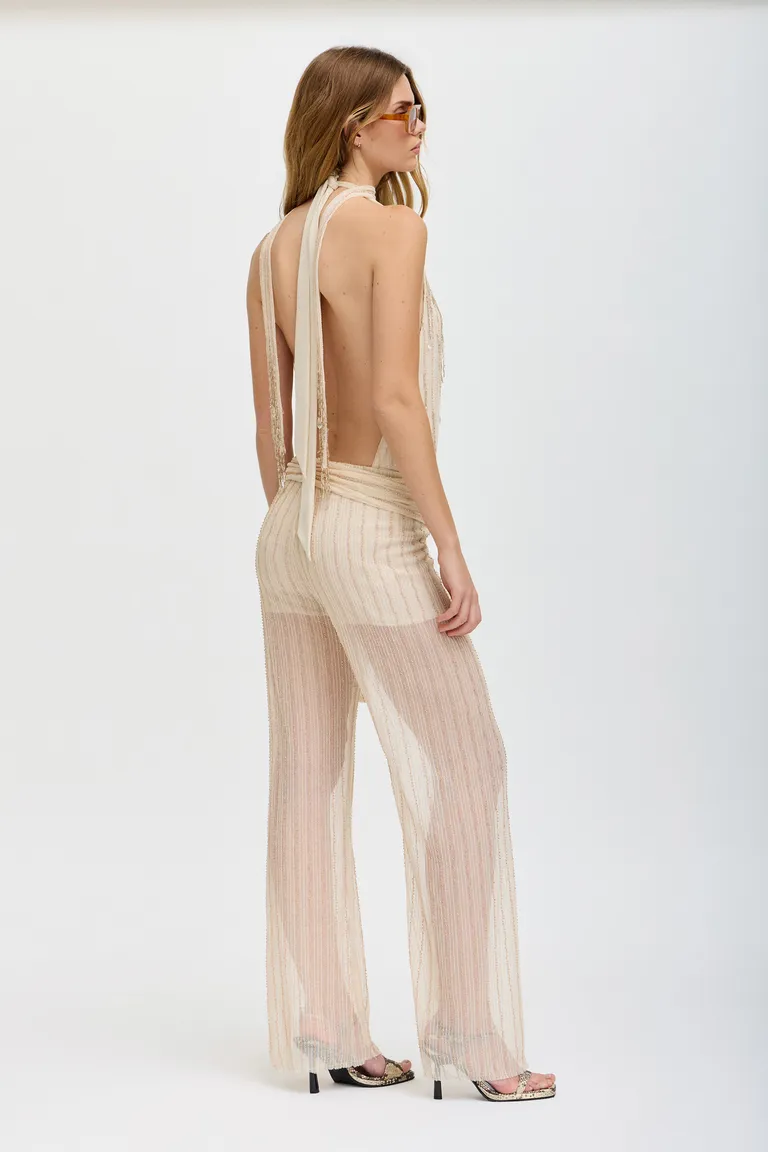 Pantalón bordado en tonos champagne y rosa con cinturón, corte favorecedror y elegante de Tucci en Pantalones para argentina