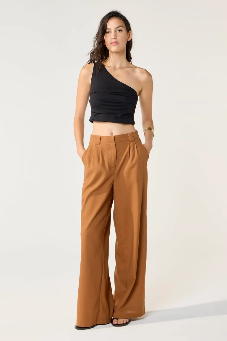 Pantalón ancho de tiro alto naranja para mujer con acceso frontal y bolsillos de Cuesta Blanca en Pantalones para argentina