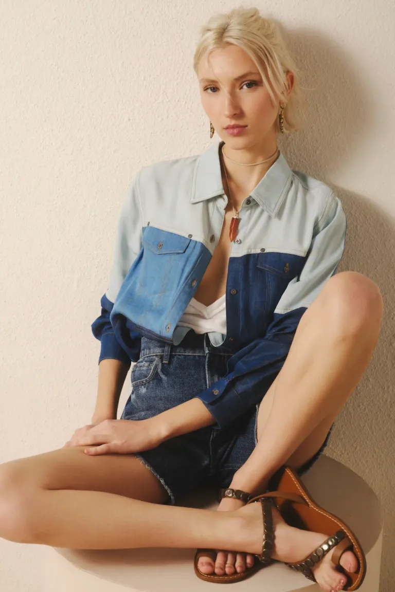 Camisa patchwork de corte amplio y mangas largas en diversos tonos de azul de Rapsodia en Camisas para argentina