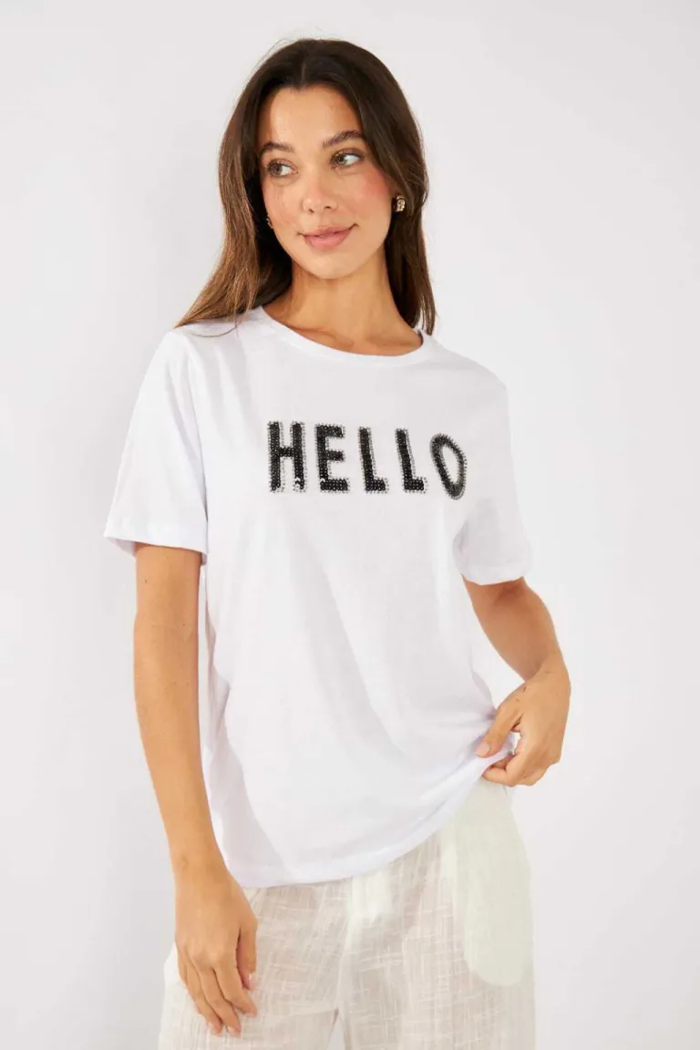 Remera negra con estampado en lentejuelas para mujer de Belle en Remeras para argentina