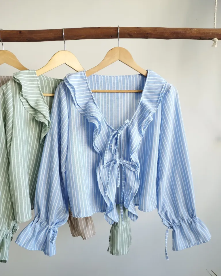 Blusa de lino rayada con volados y tiras para atar de Lemmon en Blusas para argentina