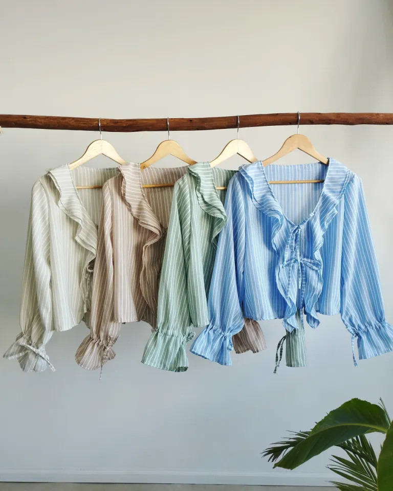 Blusa de lino rayada con volados y tiras para atar de Lemmon en Blusas para argentina