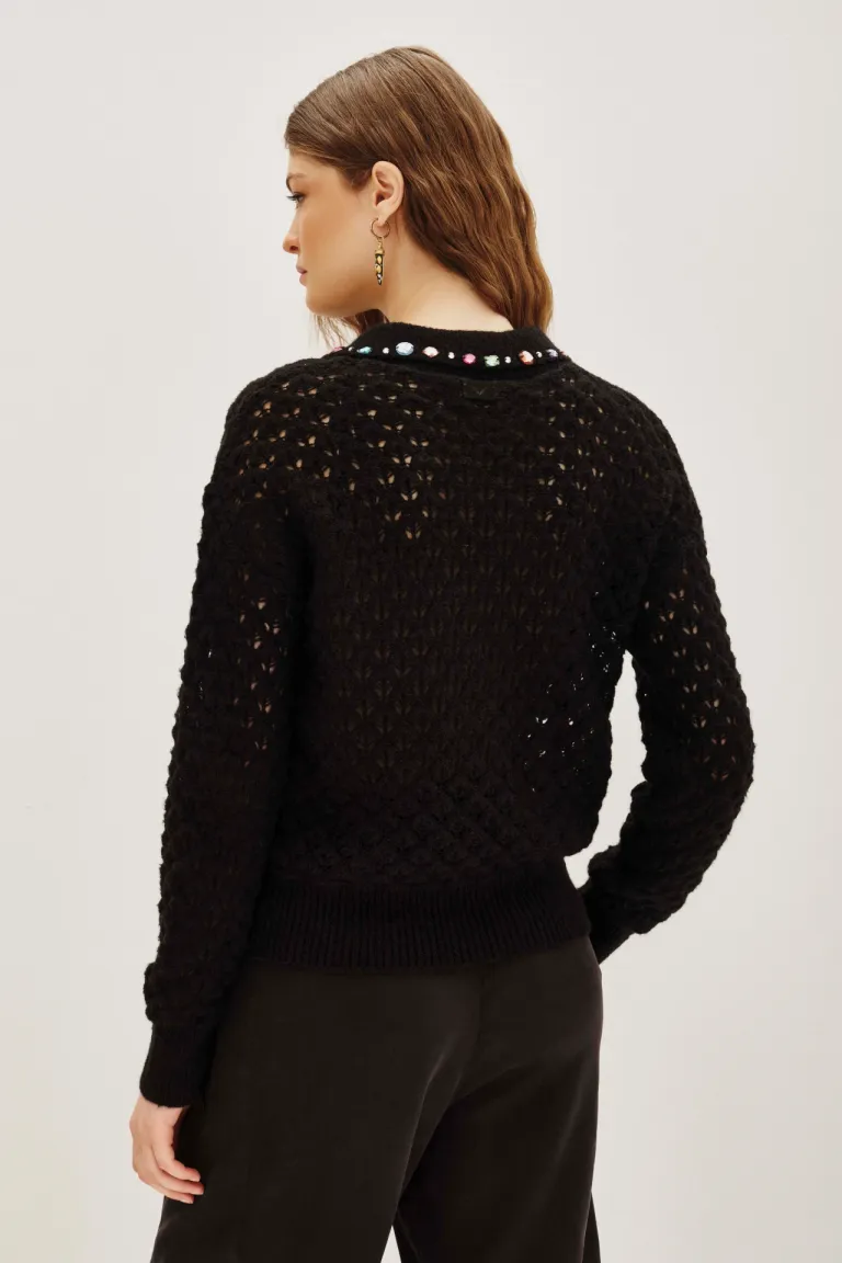 Sweater tejido con cuello polo y apliques de piedras fantasía multicolor de Rapsodia en Buzos y Sweaters para argentina