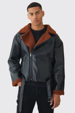 Campera aviador cuero sintético borg de Boohooman en Abrigos y Camperas para argentina