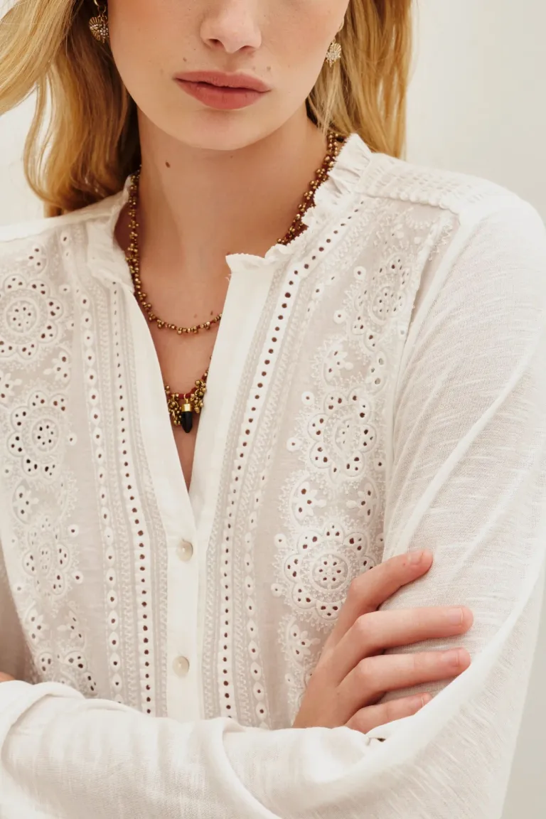 Camisa de manga larga con bordado delantero y cuello redondo con botones en puños de Rapsodia en Camisas para argentina